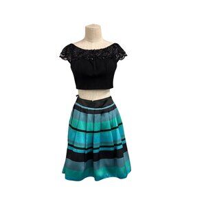 Hannah S by House of Wu Two Piece Prom Set Black Lace Crop Top Teal Green Circle